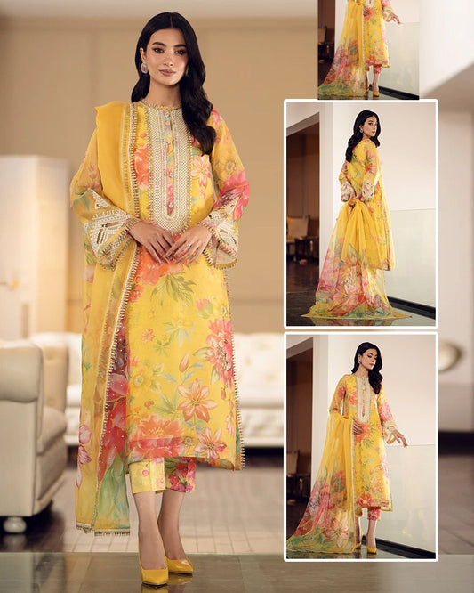 Baroque Digital Printed Swiss Lawn Collection -Yellow Floral