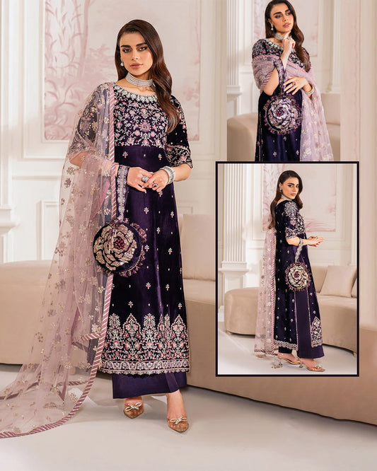 Baroque Embroidered Velvet Luxury Wedding Collection- Deep Purple