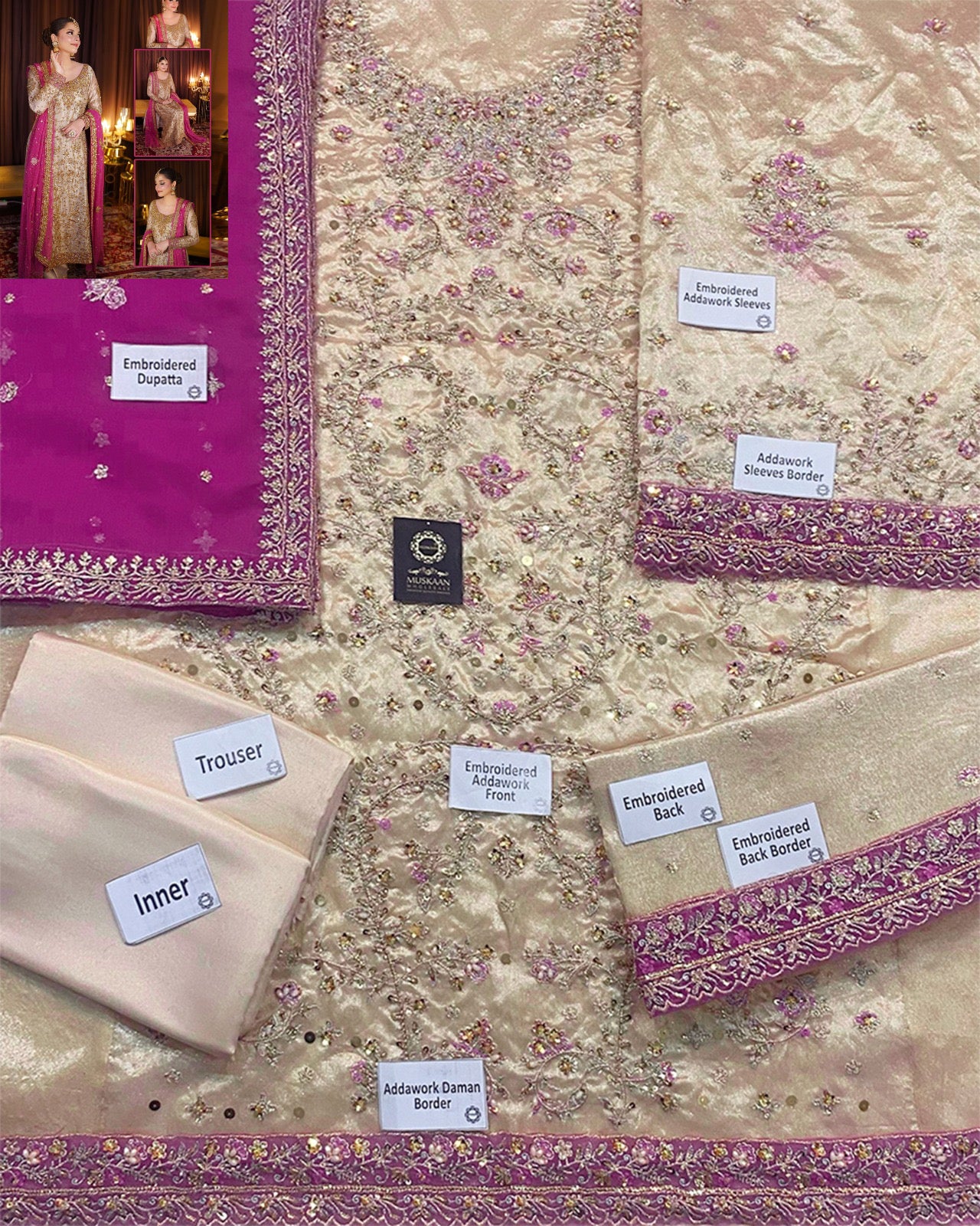 Harris Shakeel Embroidered Addawork Formal Wedding Wear Collection-Gold & Pink