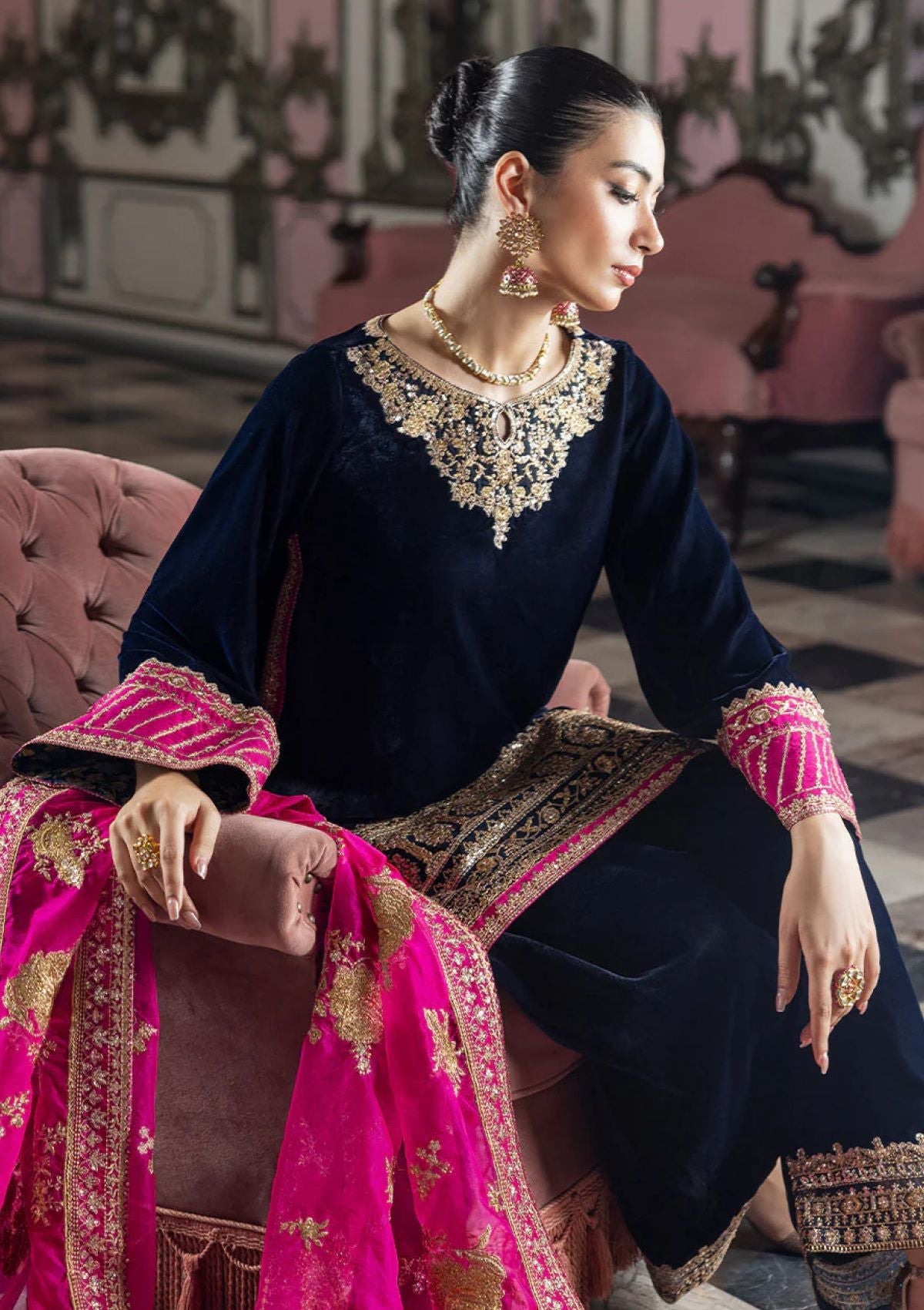 Zainab Chottani Luxury Velvet Wedding Collection- Navy Blue & Pink