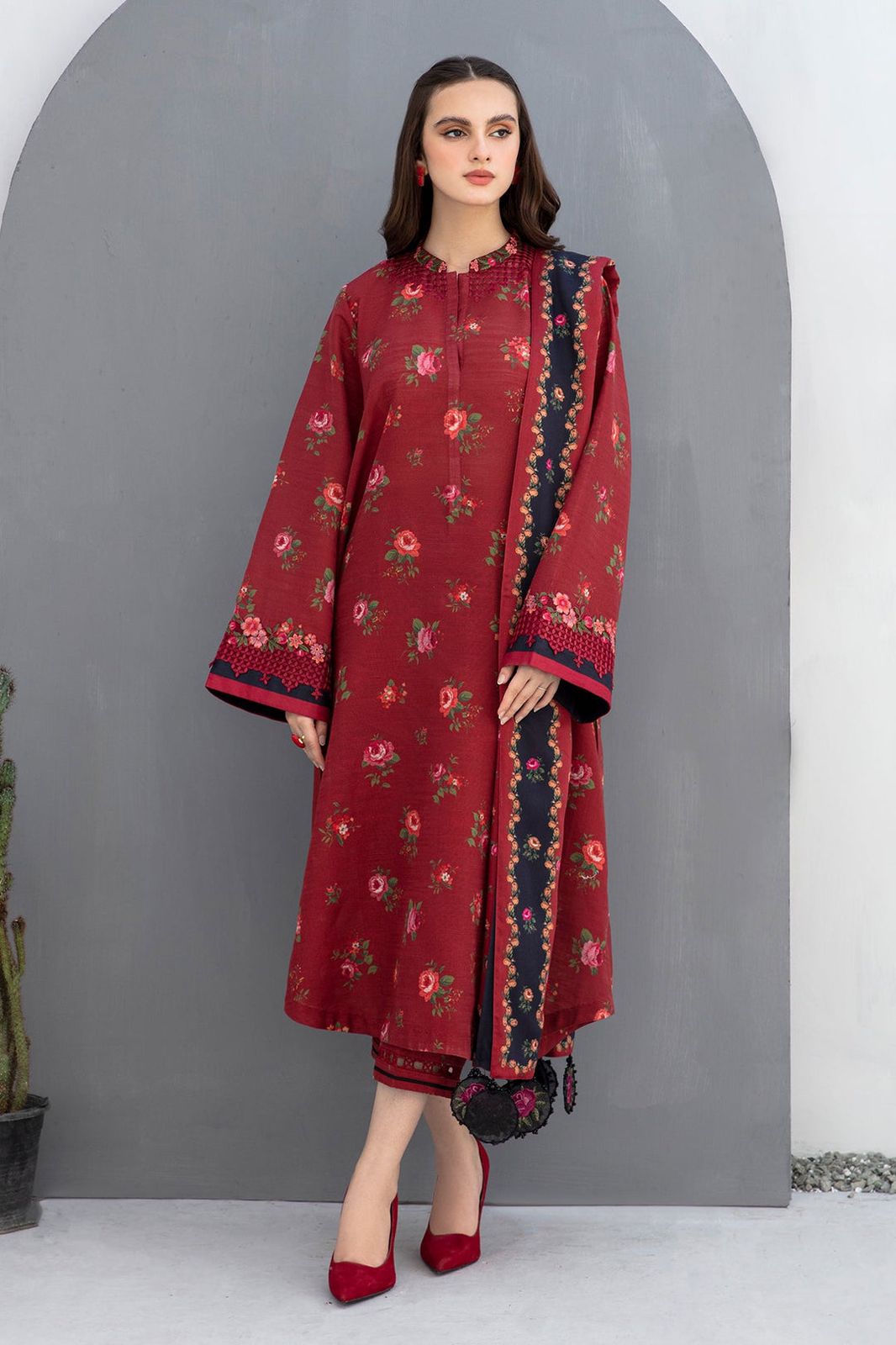 Baroque Embroidered & Digital Printed Pashmina Wool Collection Reddish Maroon