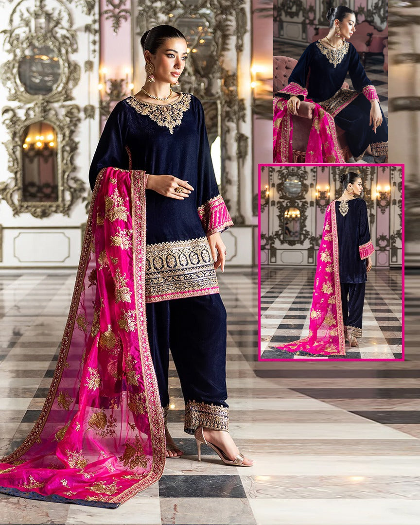 Zainab Chottani Luxury Velvet Wedding Collection- Navy Blue & Pink