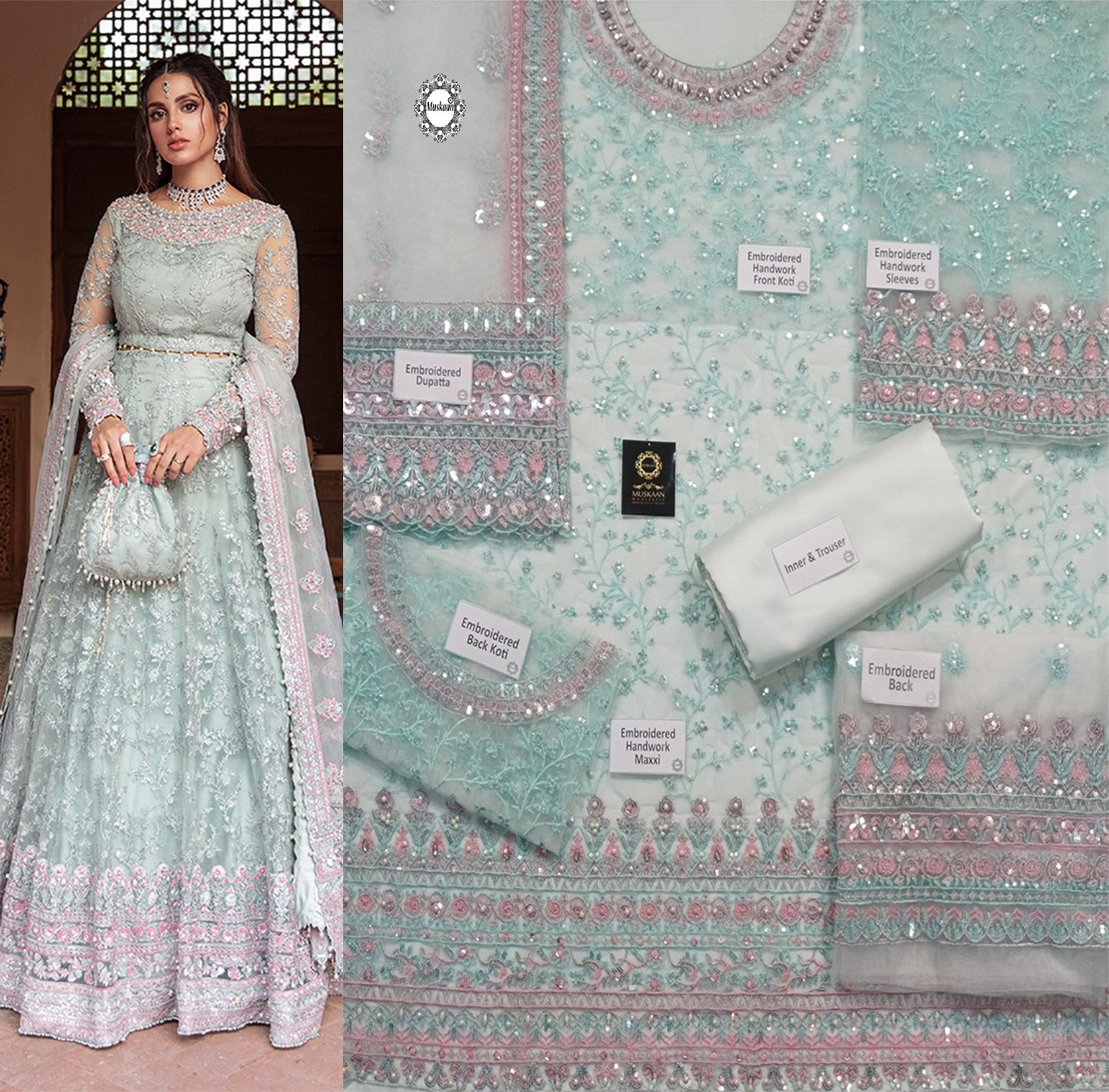 Kanwal Malik Wear By Iqra Aziz Heavy Embroidered Handwork Formal Bridal Maxxi Collection- Frosted Mint Green