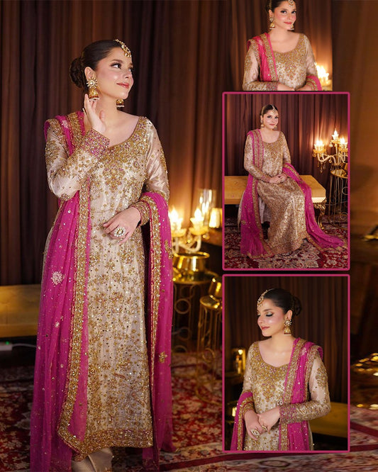 Harris Shakeel Embroidered Addawork Formal Wedding Wear Collection-Gold & Pink