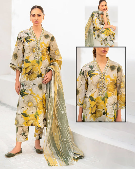 Baroque Winter Collection Digital Printed & Embroidered Pashmina Wool Collection -Yellow Flora