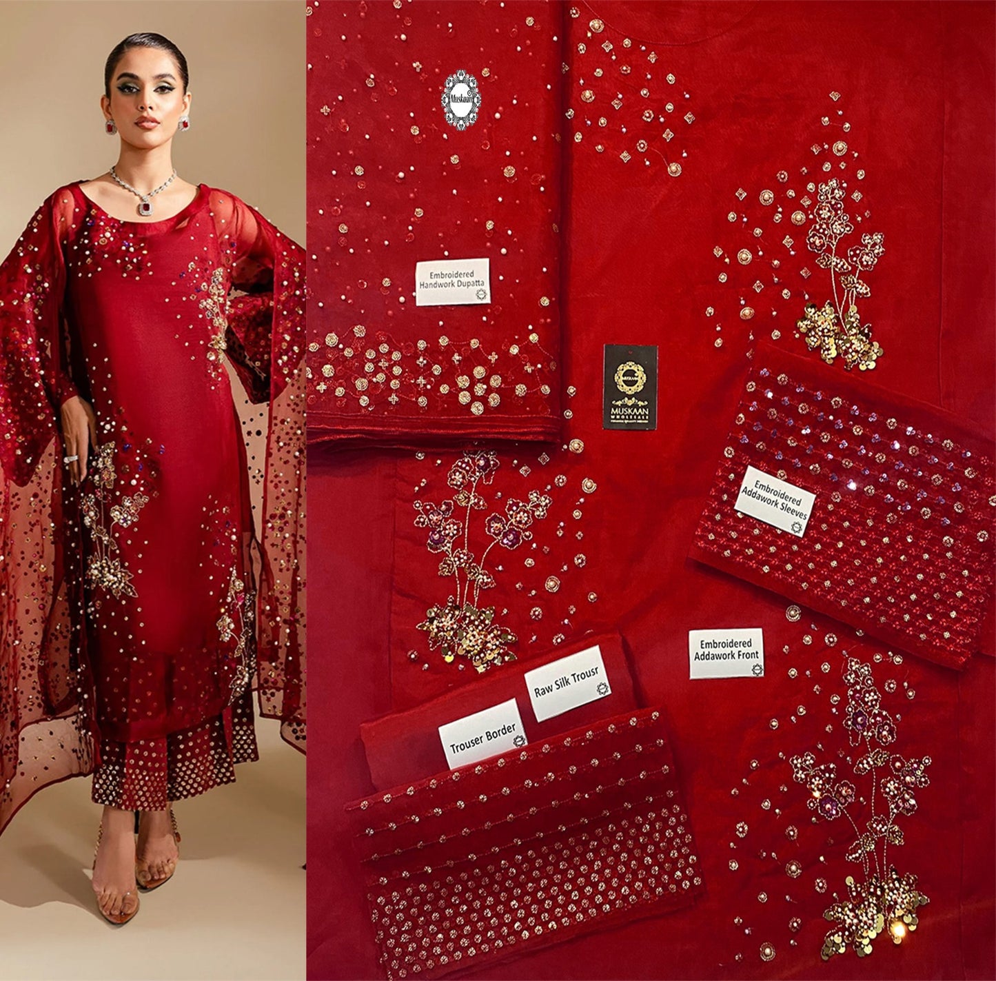 Nureh Embroidered Addawork Formal Wedding Collection- Tomato Red