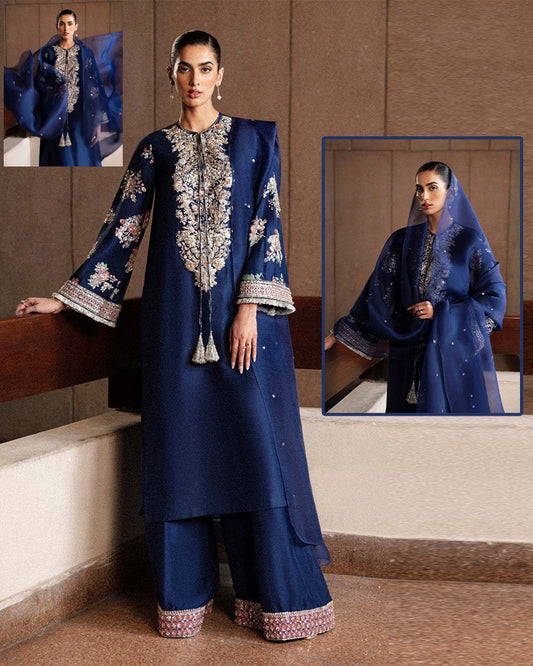 Hussain Rehar Luxury Wedding rawsilk Collection- Midnight Blue