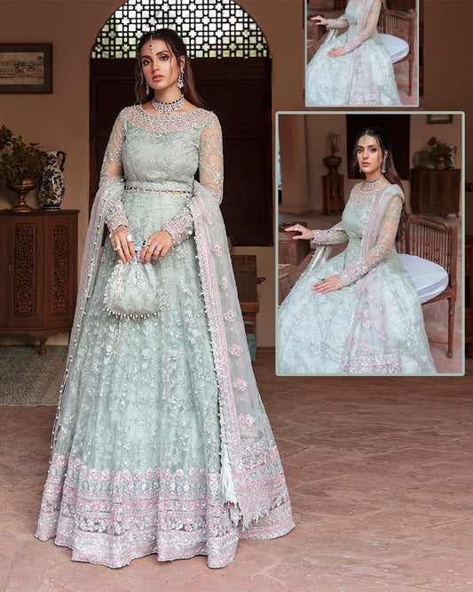 Kanwal Malik Wear By Iqra Aziz Heavy Embroidered Handwork Formal Bridal Maxxi Collection- Frosted Mint Green