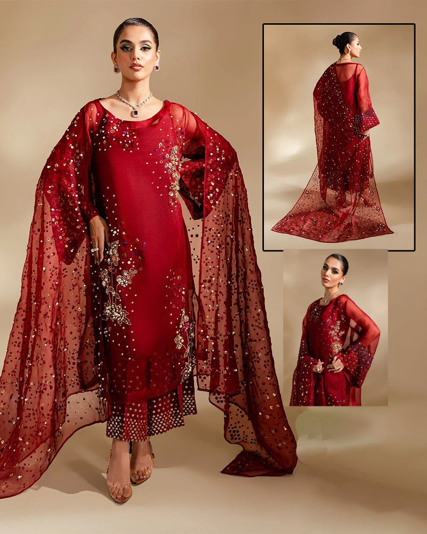 Nureh Embroidered Addawork Formal Wedding Collection- Tomato Red