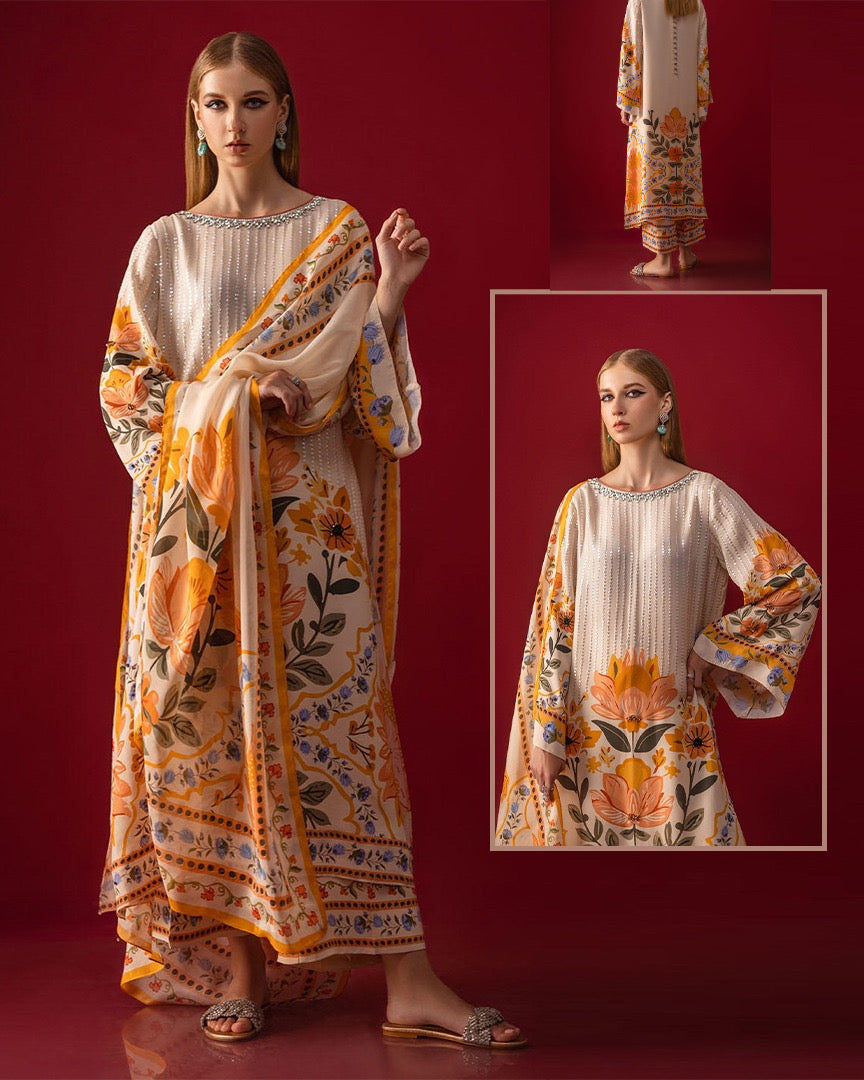 Nomi Ansari Luxury Formals Silk Collection -Skin & Orange