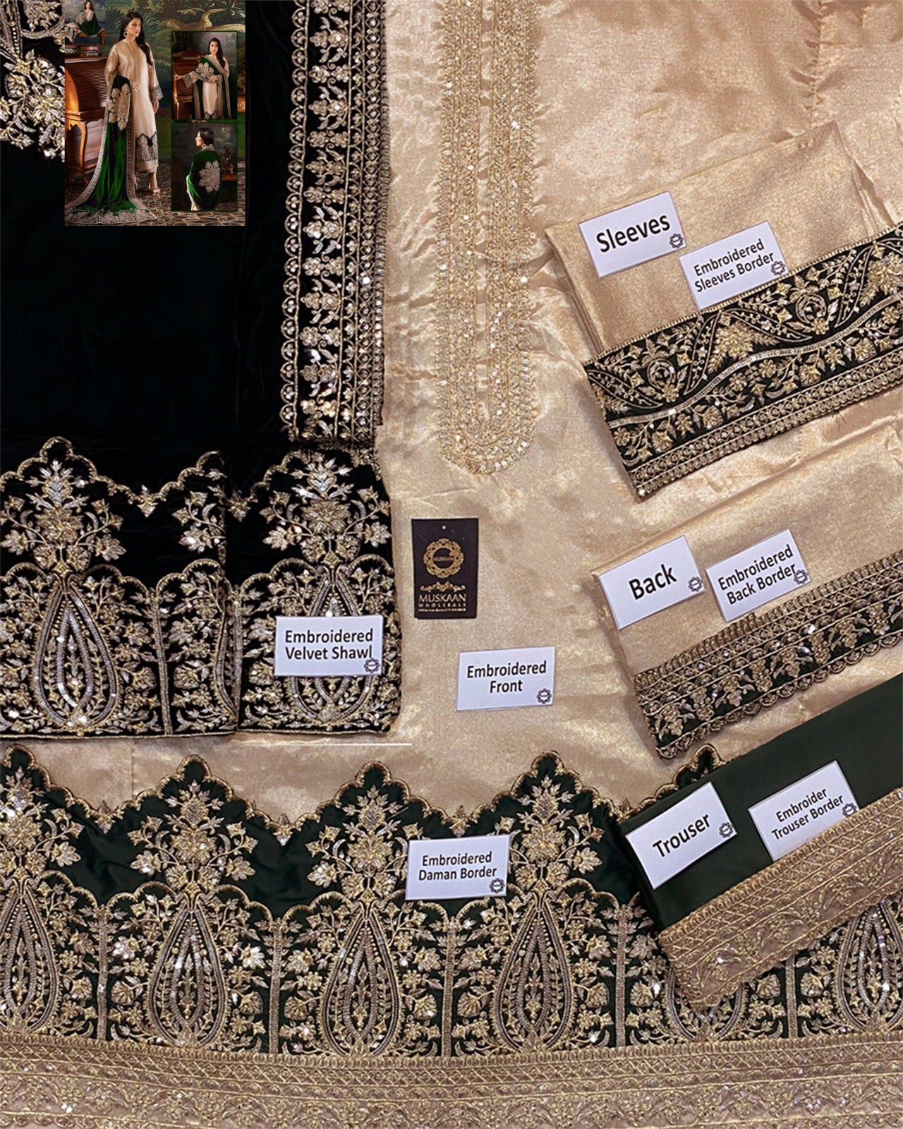 Zainab Chottani Velvet Festive Wedding Collection -Gold & Bottle Green