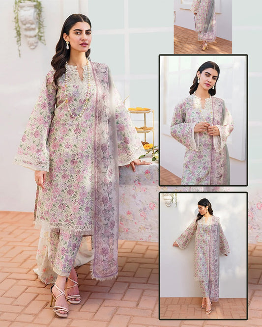 Baroque Digital Printed Chikankari Swiss lawn Collection - Ivory Flora