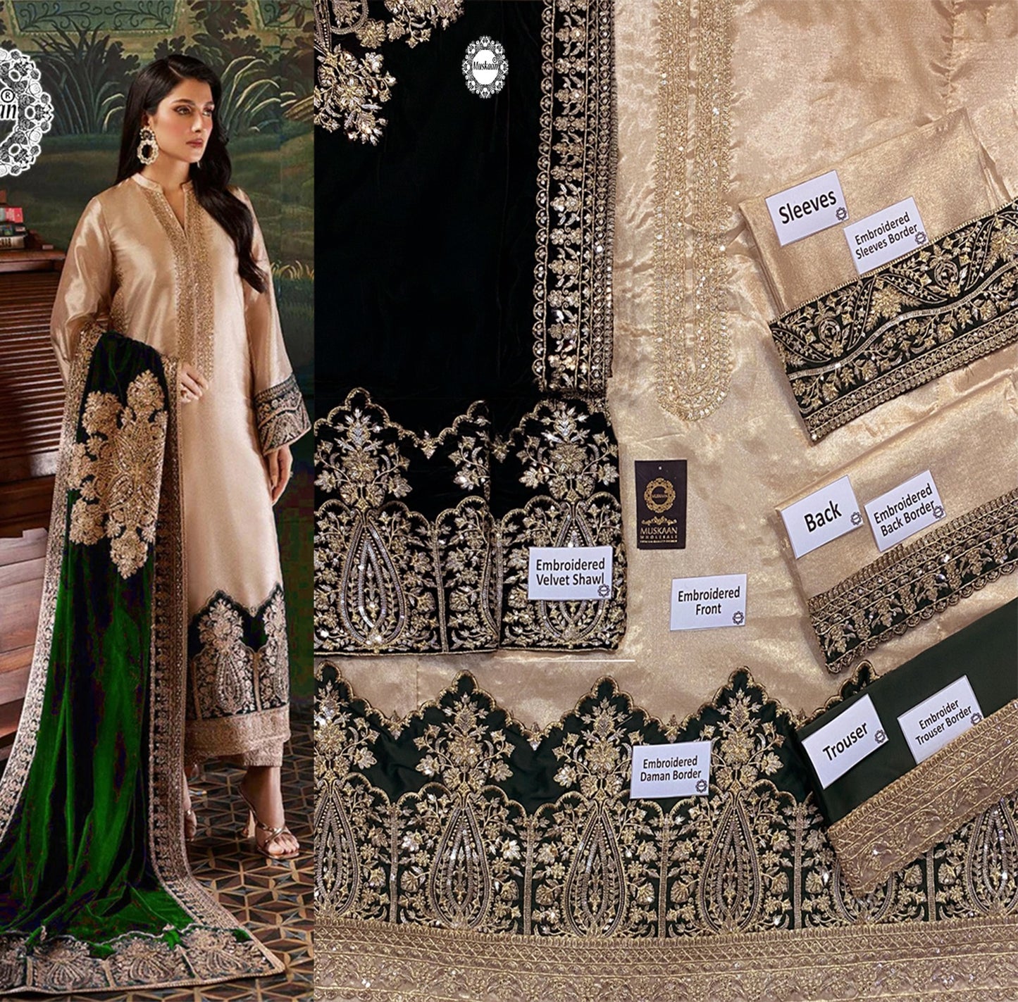 Zainab Chottani Velvet Festive Wedding Collection -Gold & Bottle Green