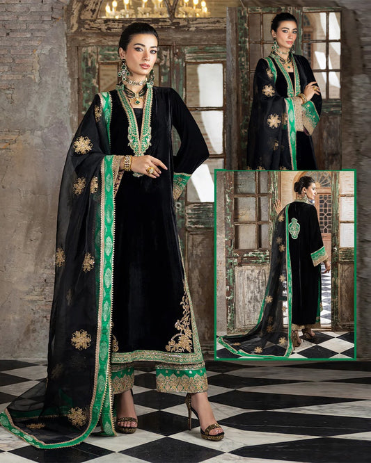 Zainab Chottani Embroidered Velvet Wedding Collection- Black & Green