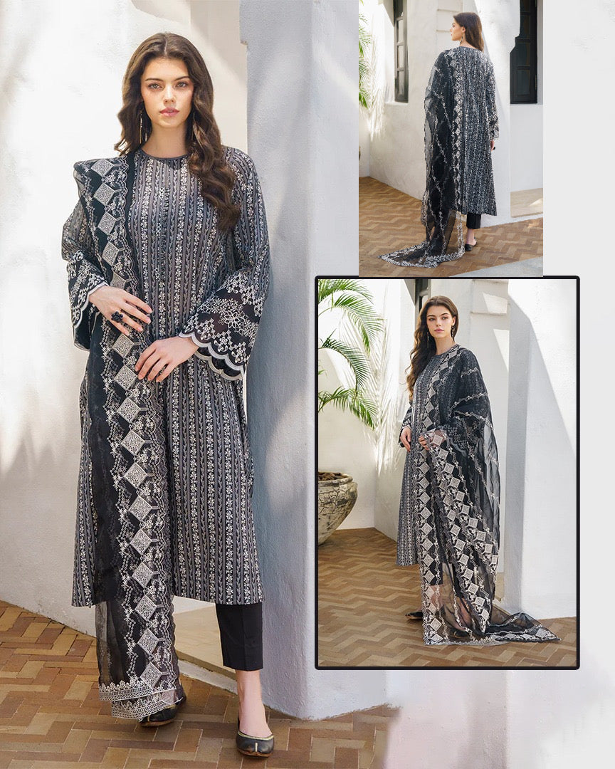 Baroque Digital Printed Swiss Lawn Collection With Embroidered Duppata-Black