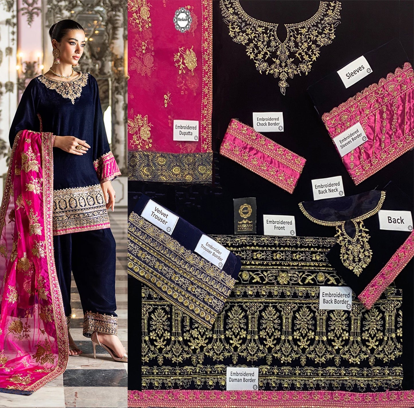 Zainab Chottani Luxury Velvet Wedding Collection- Navy Blue & Pink