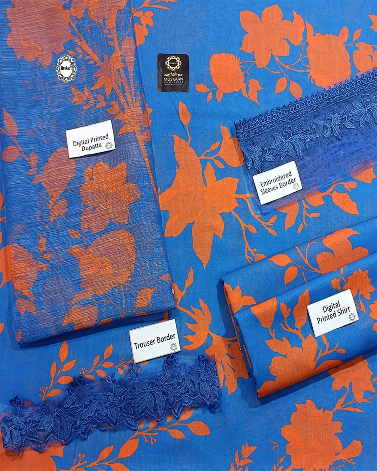 Maria B MPrints Digital Printed Swiss lawn Collection - Blue & Orange