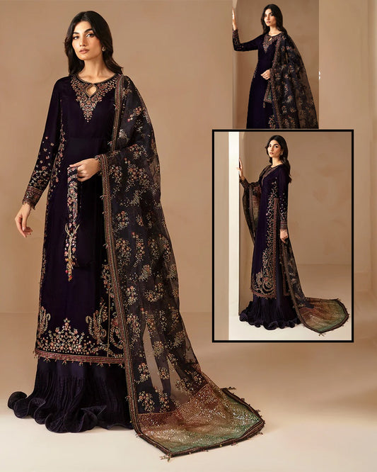 Jazmin Embroidered Velvet Wedding Collection- Deep Purple