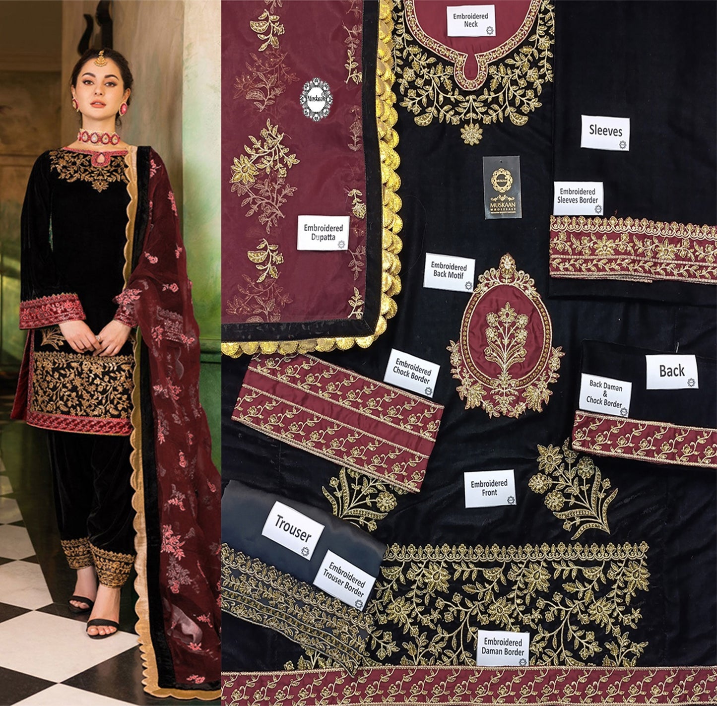 Zainab Chottani Velvet Wedding Collection- Black & Maroon