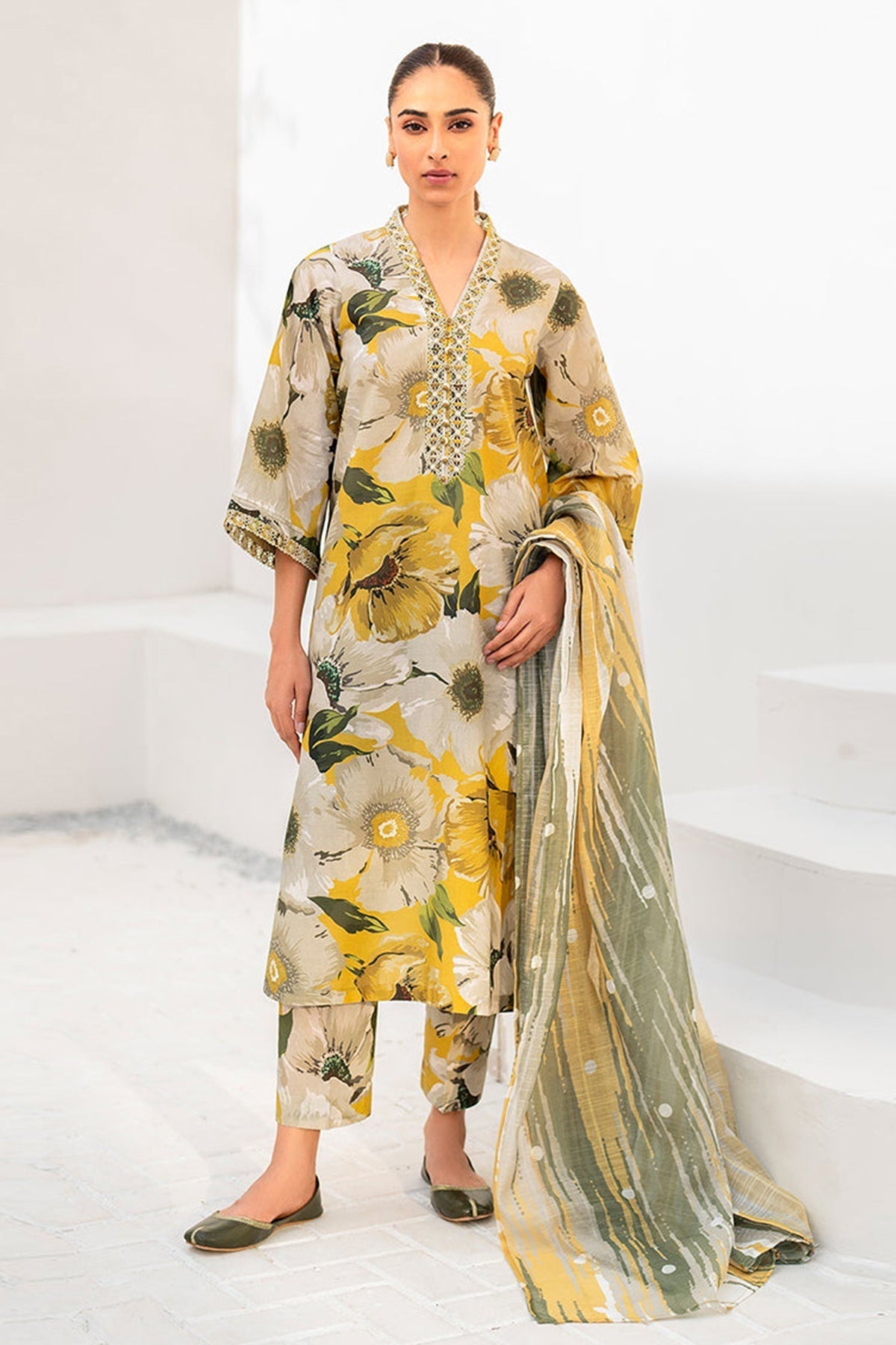 Baroque Winter Collection Digital Printed & Embroidered Pashmina Wool Collection -Yellow Flora