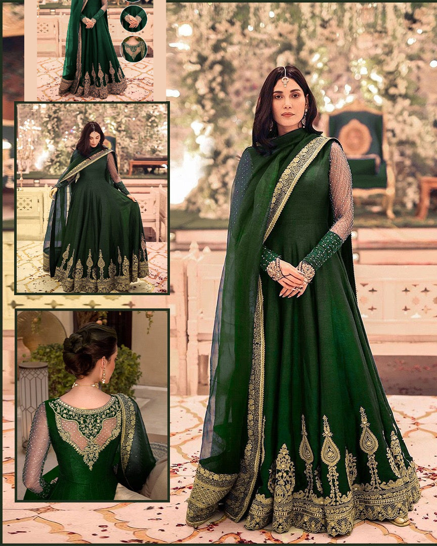 Faiza Saqlain Chiffon Formal Wedding Maaxi- Bottle Green