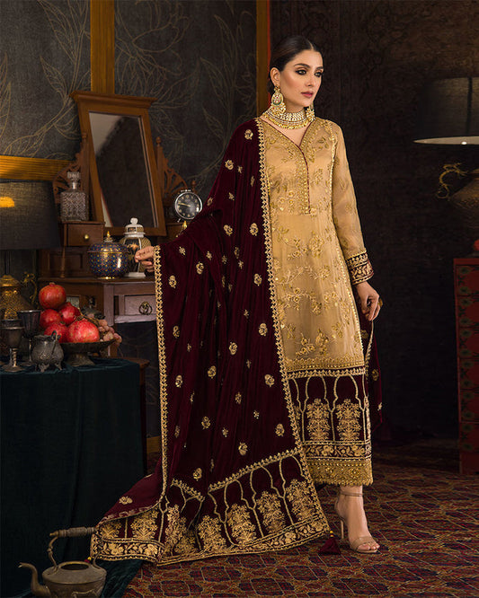 Zainab Chottani Embroidered Velvet Formal Wedding Collection-Gold & Maroon