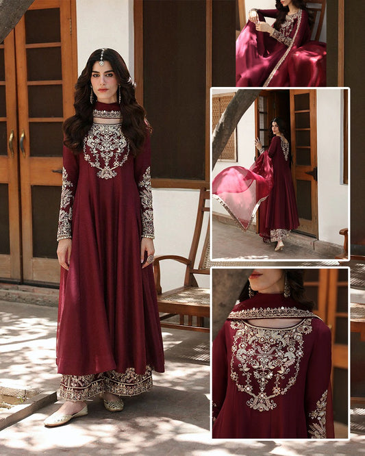 Faiza Saqlian Luxury Chiffon Formal Wedding Collection Maaxi- Maroon