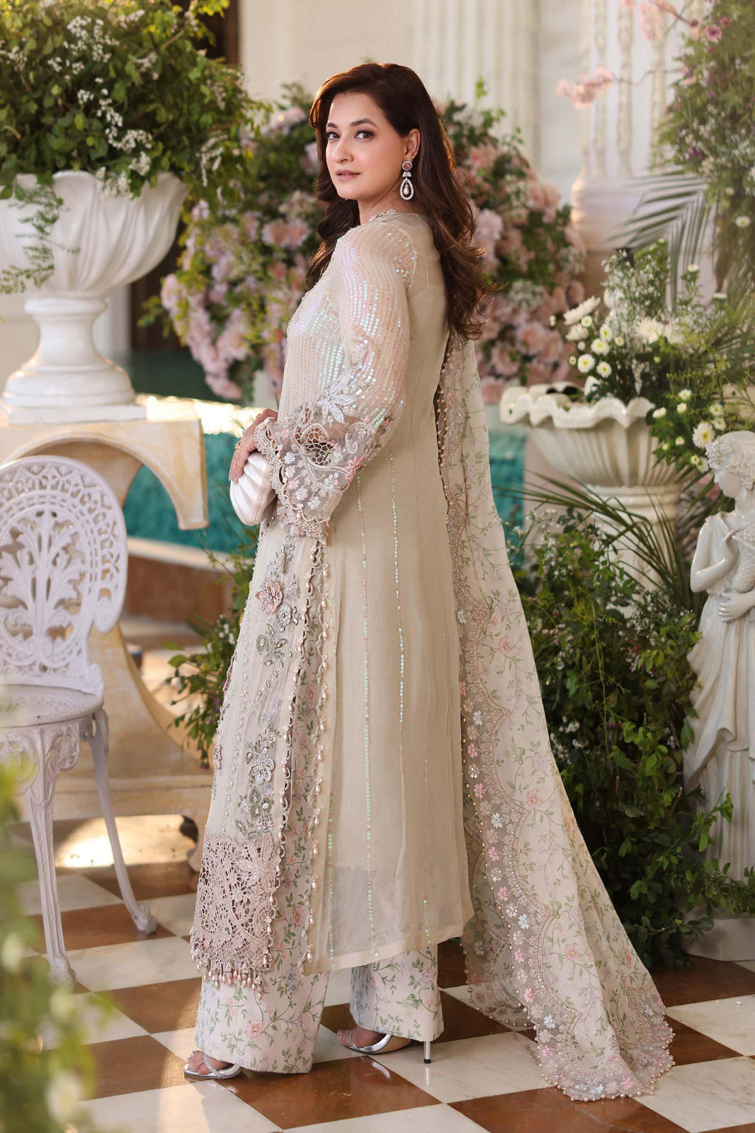 Maria.B Luxury 3 Piece Unstitched Embroidered Hand Embellished Chiffon Suit- Beige