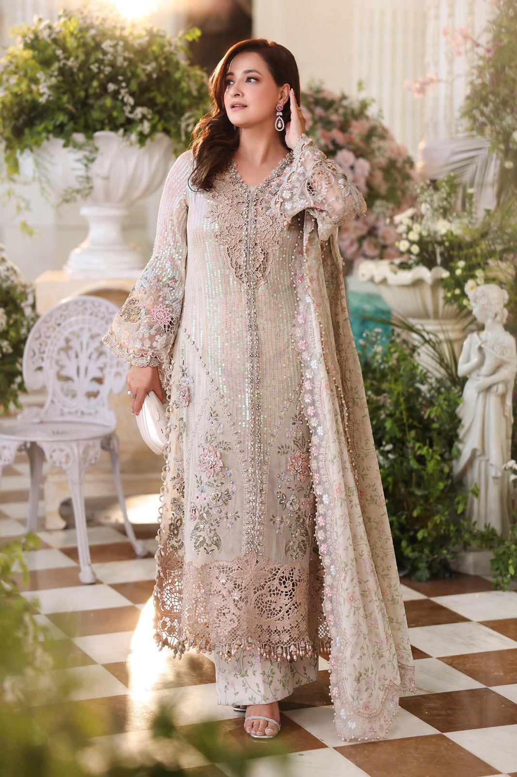 Maria.B Luxury 3 Piece Unstitched Embroidered Hand Embellished Chiffon Suit- Beige