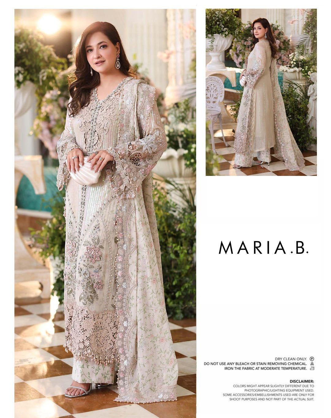 Maria.B Luxury 3 Piece Unstitched Embroidered Hand Embellished Chiffon Suit- Beige