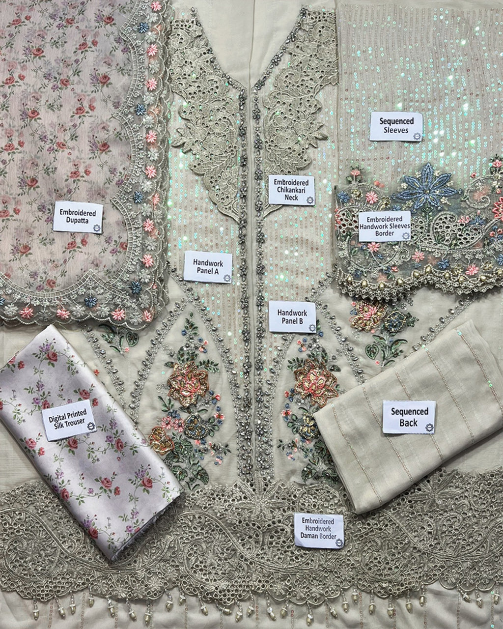 Maria.B Luxury 3 Piece Unstitched Embroidered Hand Embellished Chiffon Suit- Beige