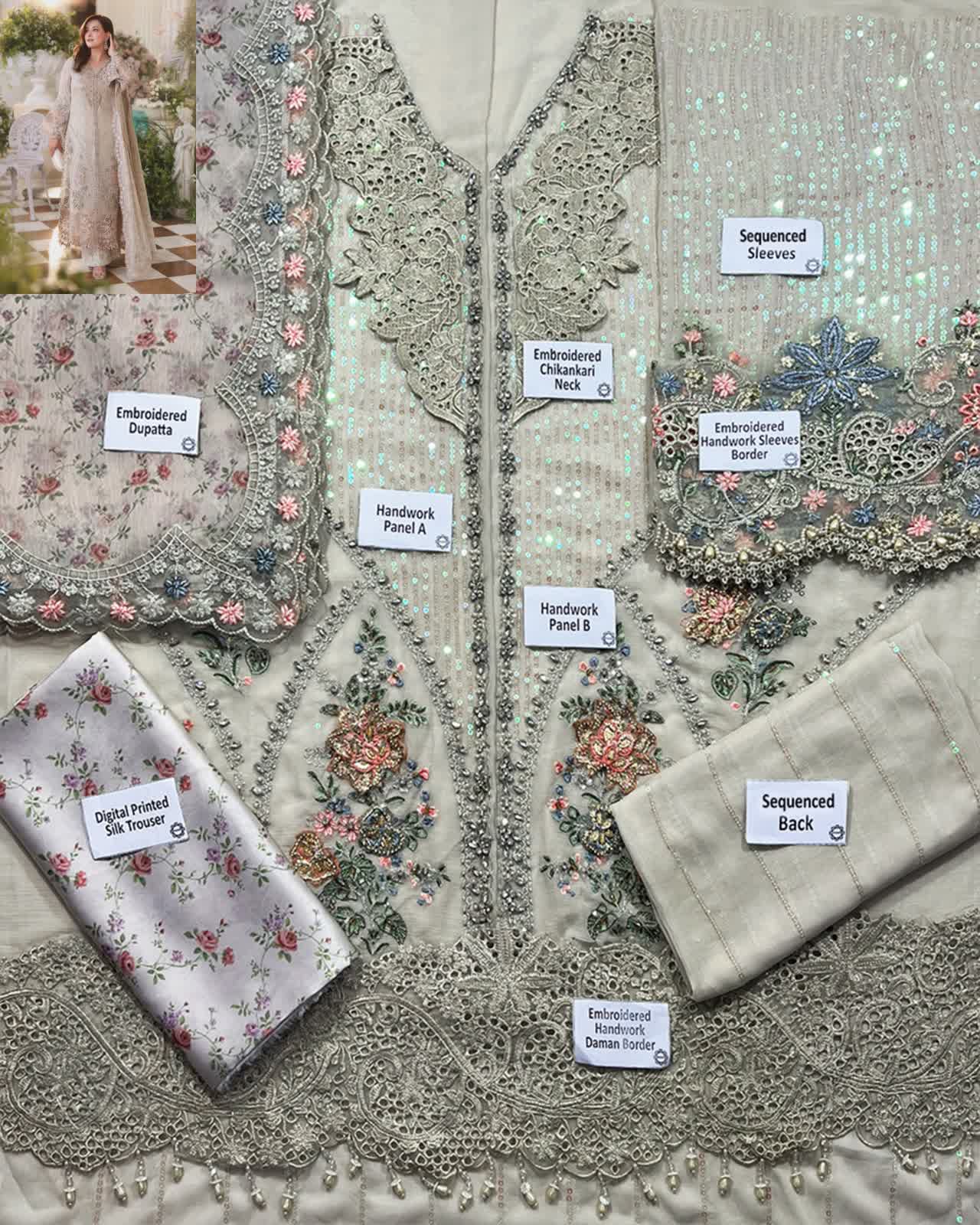 Maria.B Luxury 3 Piece Unstitched Embroidered Hand Embellished Chiffon Suit- Beige